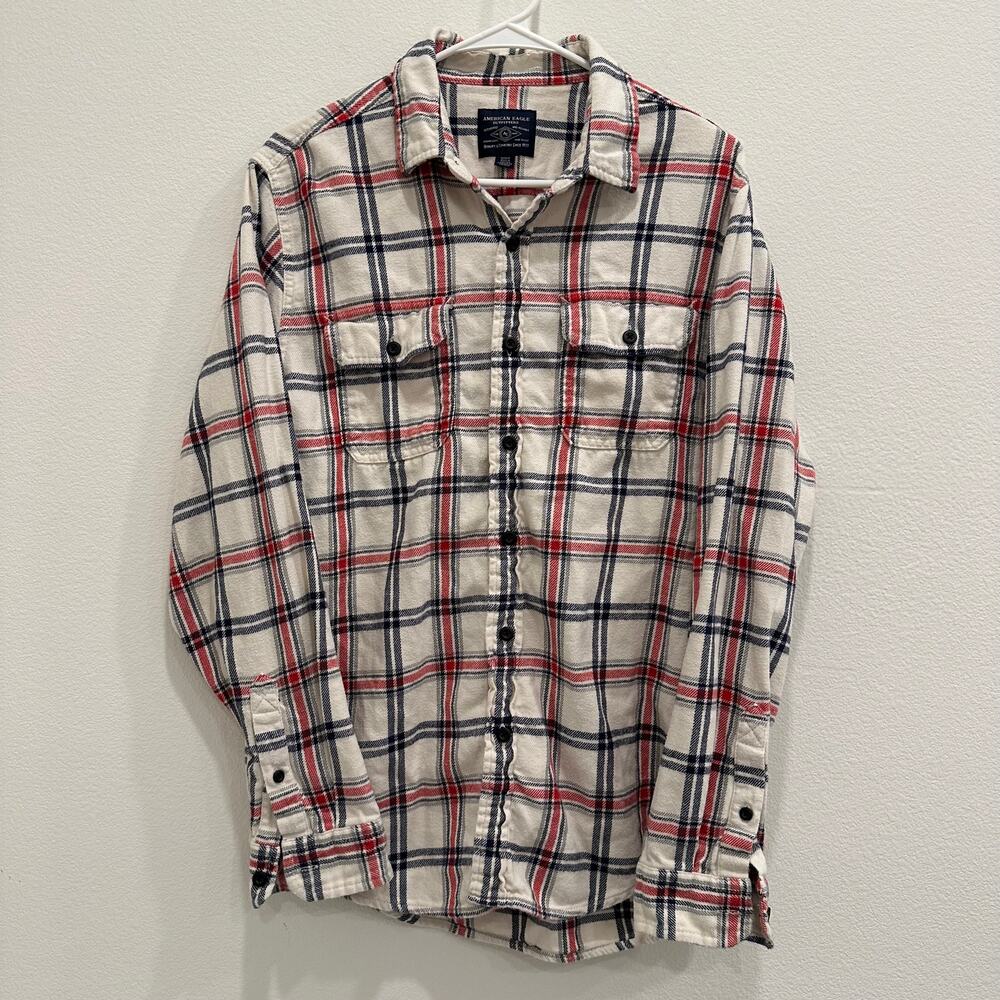 American Eagle Men’s Plaid Flannel Button Shirt Beige/Red/Blue Sz Medium Cotton